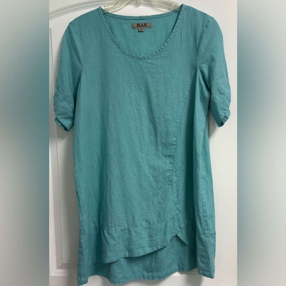Flax Teal Short-Sleeve Asymmetric Linen Tunic Sz Small 100% Linen Sleeve detail